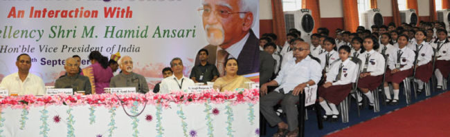 The Vice President, Shri M. Hamid Ansari interacting with the students of St. Michaels High School, in Patna on September 09, 2016. The Governor of Bihar, Shri Ram Nath Kovind is also seen.